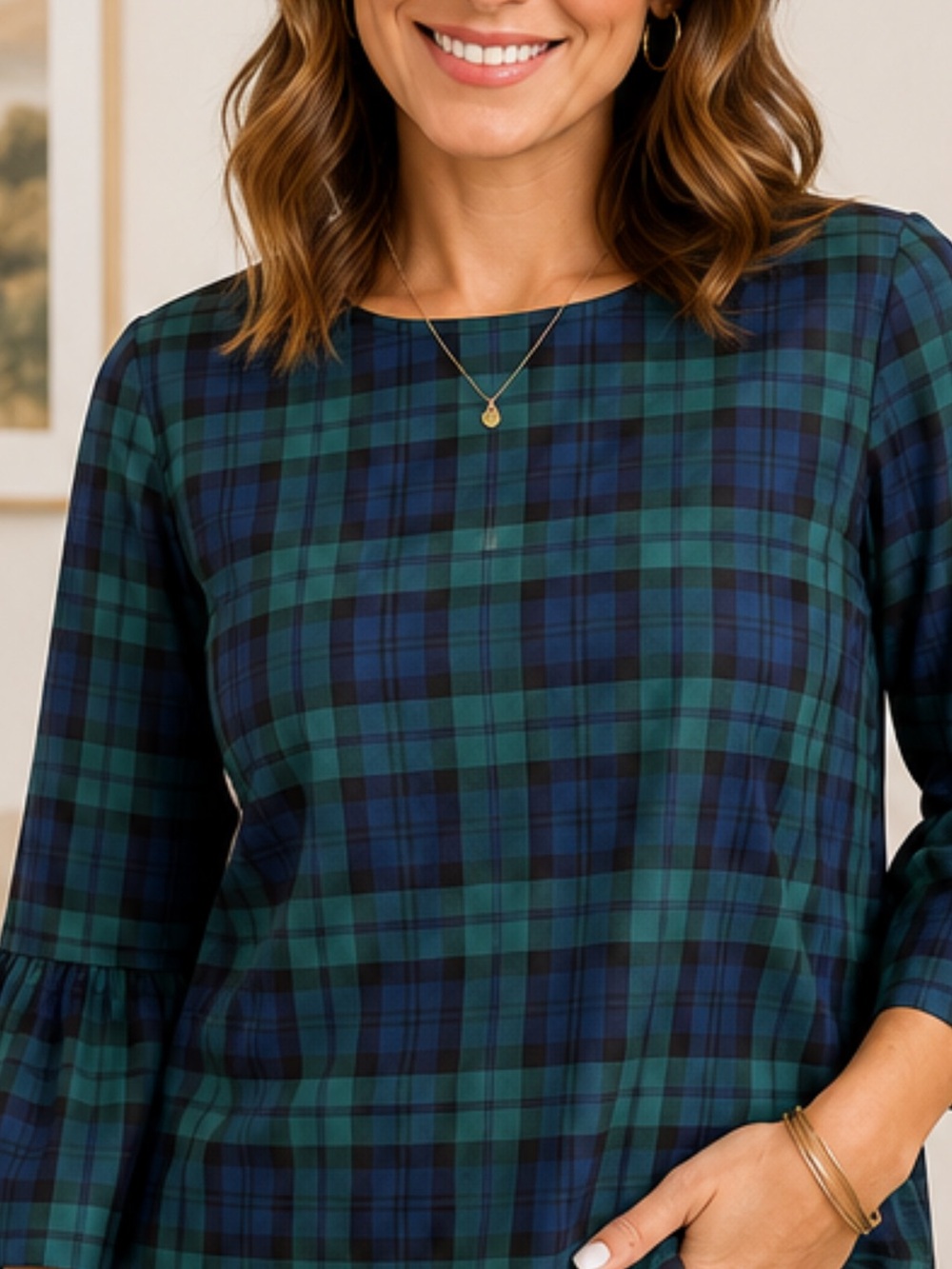 Vineyard Vines Green & Navy Plaid Ruffle SleeveTop Size 14 Preppy